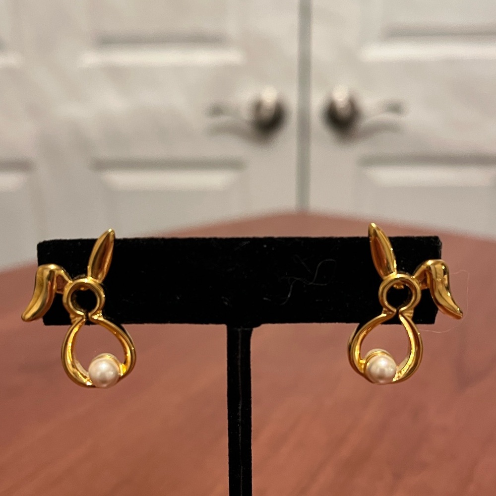 Cute Gold Toned & Faux Pearl Bunny Drop Earrings